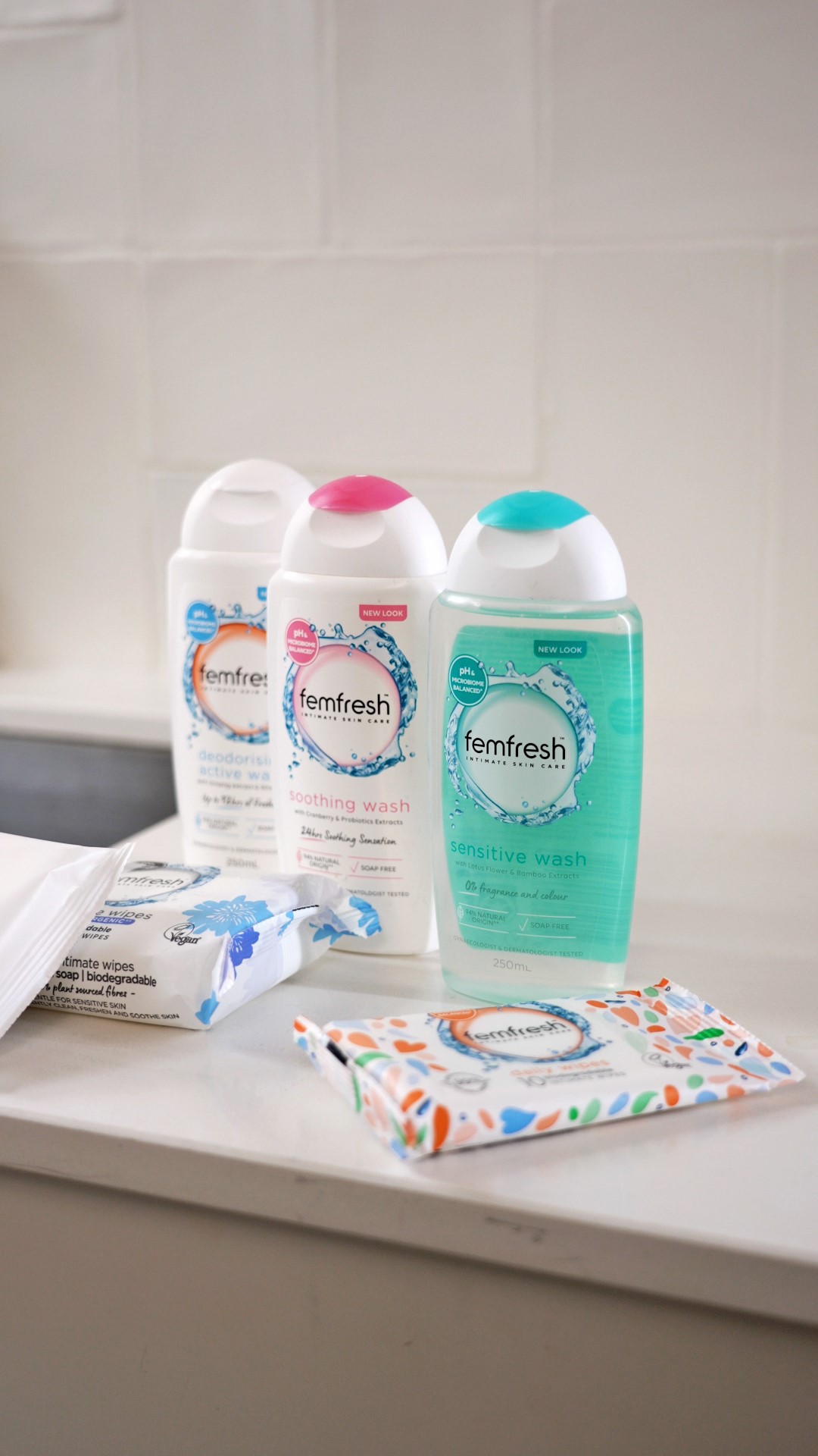 a group of femfresh feminine washes and wipes